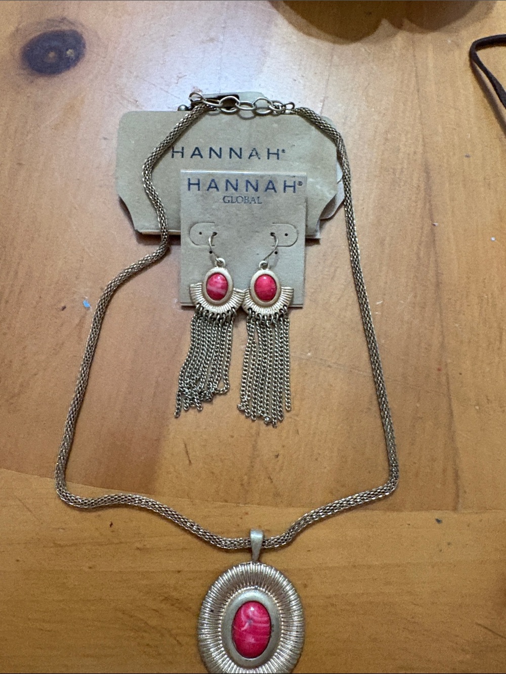Hannah Gold-Tone Necklace and Pink Stone Tassel Earrings Set